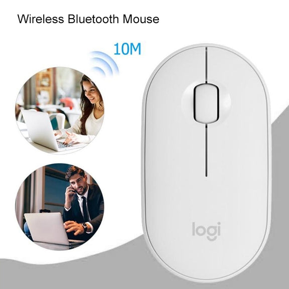Logitech Pebble Cobblestone Shape Thin 3-keys 1000DPI Mute Wireless Bluetooth Optical Mouse, Wireless Range: 10m (White)