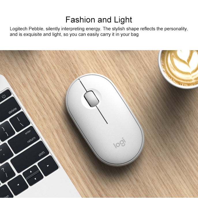 Logitech Pebble Cobblestone Shape Thin 3-keys 1000DPI Mute Wireless Bluetooth Optical Mouse, Wireless Range: 10m (White)
