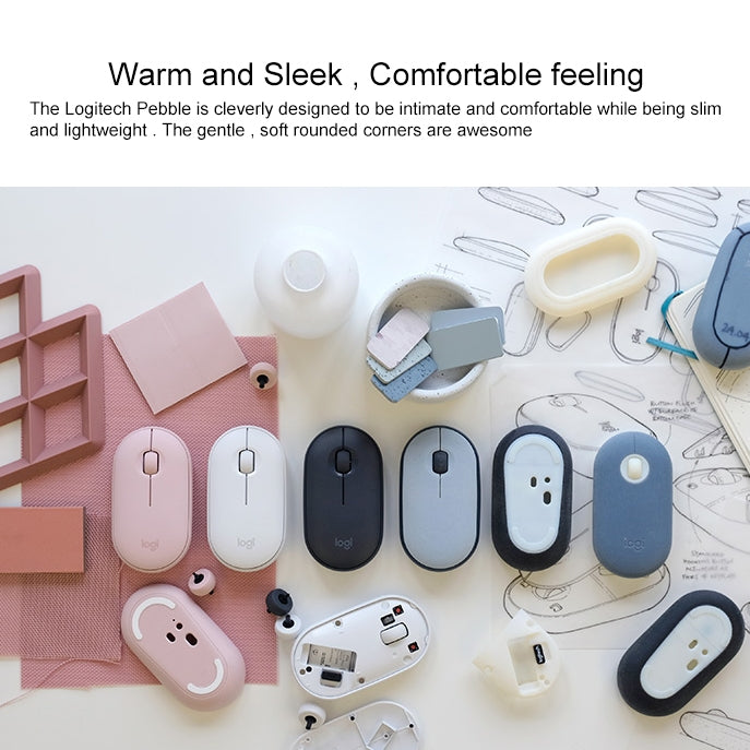 Logitech Pebble Cobblestone Shape Thin 3-keys 1000DPI Mute Wireless Bluetooth Optical Mouse, Wireless Range: 10m (White)