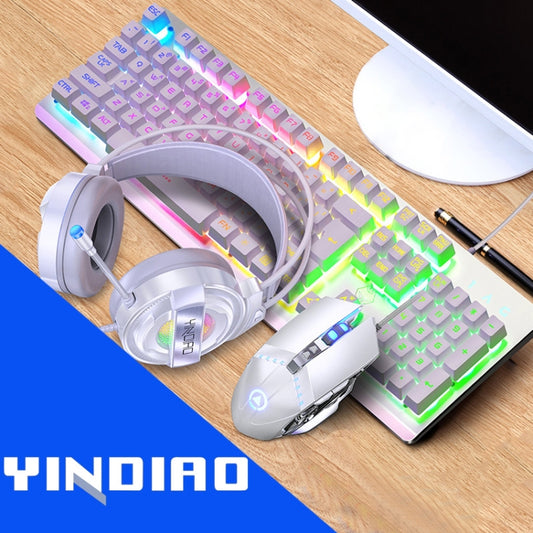 YINDIAO K002 USB Wired Mechanical Feel RGB Backlight Keyboard + Optical Mouse + Headset Set(White) - free shipping - PMC Jewellery - Order now!