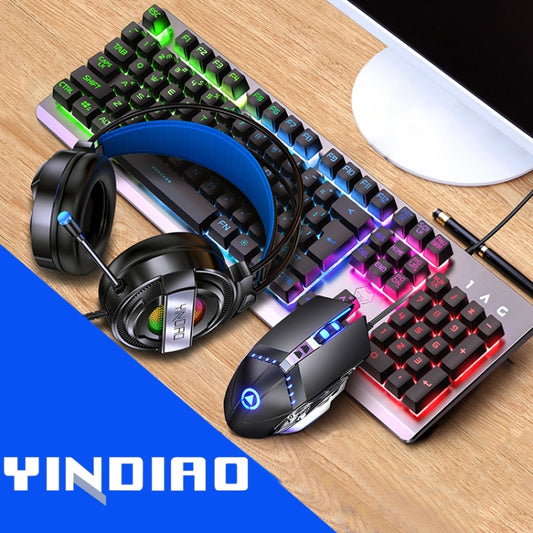 YINDIAO K002 USB Wired Mechanical Feel Sound Control RGB Backlight Keyboard + Optical Silent Mouse + Headset Set(Black) - free shipping - PMC Jewellery - Order now!