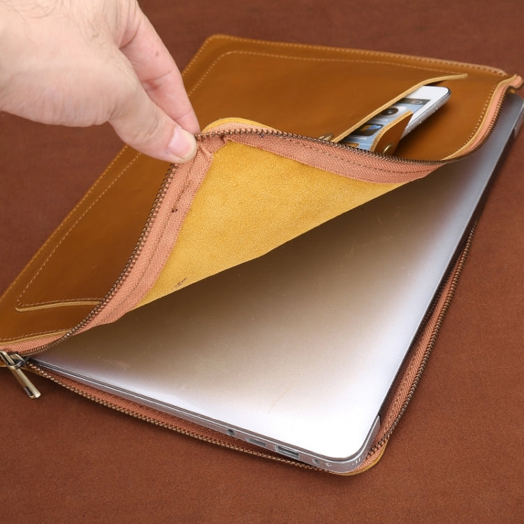 11.6 inch Genuine Leather Zipper Laptop Tablet Bag, For Macbook, Samsung, Lenovo, Sony, DELL Alienware, CHUWI, ASUS, HP 11.6 inch and Below Laptop(Yellow)