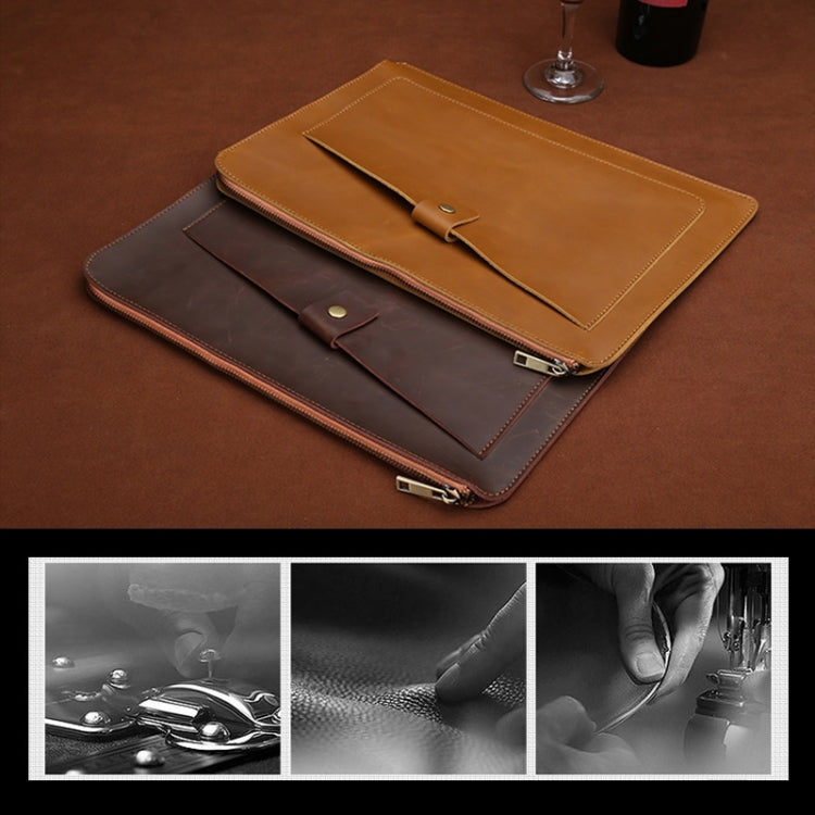 Universal Genuine Leather Business Zipper Laptop Tablet Bag For 12 inch and Below(Brown) - 12.1 inch by PMC TechLife | Online Shopping South Africa | PMC TechLife | Buy Now Pay Later Mobicred