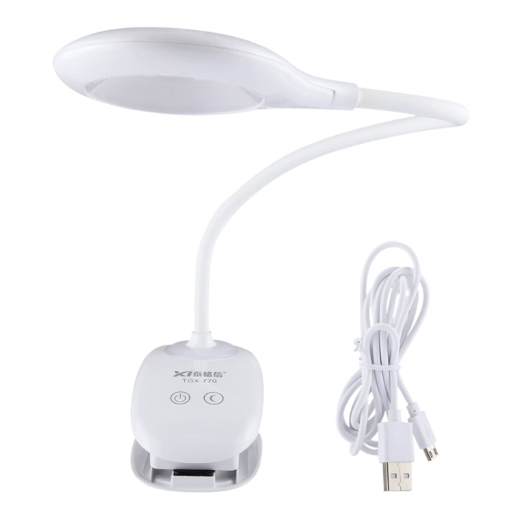 TGX-770 3-grade Brightness Touch Dimmer LED Desk Lamp, 28 LEDs Flexible Goose Neck Hollow Ring Design Eye Protection Light with Clip & Small Night Light Function
