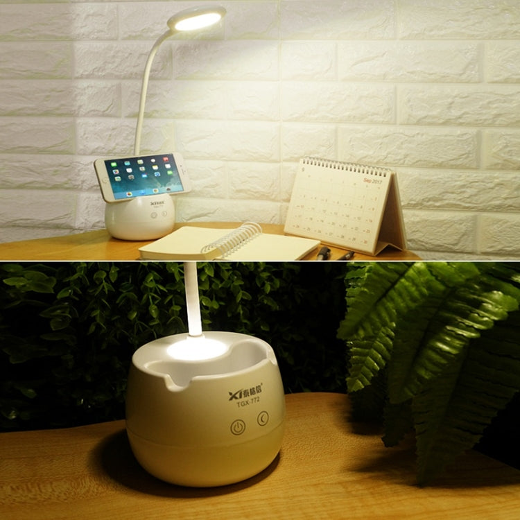 TGX-772 3-grade Brightness Touch Dimmer LED Desk Lamp, 28 LEDs Flexible Goose Neck Hollow Ring Design Eye Protection Light with Pen Holder / Small Night Light Function