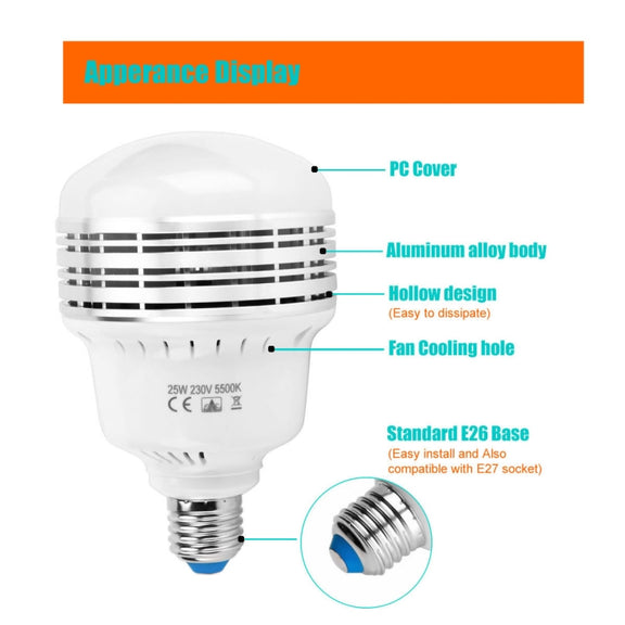 MANTOO PGL25 25W 120V 5500K 2990LM LED Light Bulb for Photography Lighting