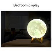 15cm Touch Control 3D Print Moon Lamp, USB Charging White + Yellow Light Color Changing LED Energy-saving Night Light with Wooden Holder Base