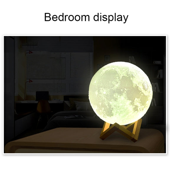 15cm Touch Control 3D Print Moon Lamp, USB Charging White + Yellow Light Color Changing LED Energy-saving Night Light with Wooden Holder Base