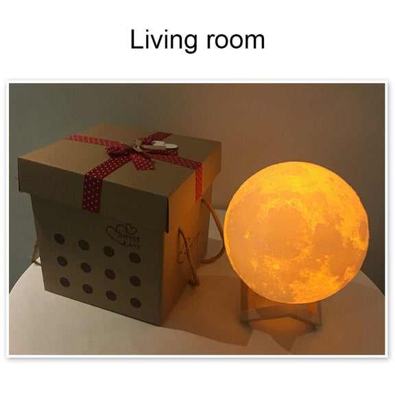 15cm Touch Control 3D Print Moon Lamp, USB Charging White + Yellow Light Color Changing LED Energy-saving Night Light with Wooden Holder Base