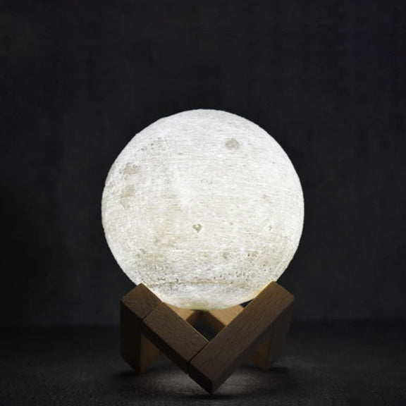 15cm Touch Control 3D Print Moon Lamp, USB Charging White + Yellow Light Color Changing LED Energy-saving Night Light with Wooden Holder Base
