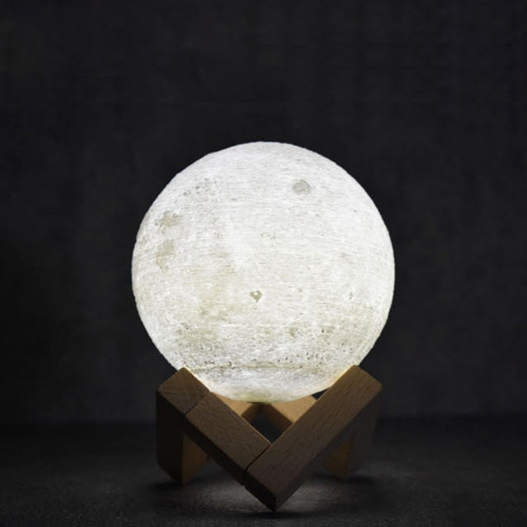 15cm Touch Control 3D Print Moon Lamp, USB Charging White + Yellow Light Color Changing LED Energy-saving Night Light with Wooden Holder Base