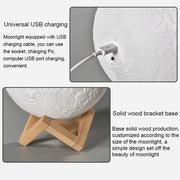 15cm Touch Control 3D Print Moon Lamp, USB Charging White + Yellow Light Color Changing LED Energy-saving Night Light with Wooden Holder Base