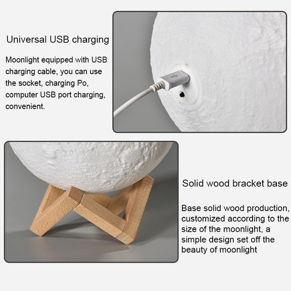 15cm Touch Control 3D Print Moon Lamp, USB Charging White + Yellow Light Color Changing LED Energy-saving Night Light with Wooden Holder Base
