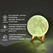 15cm Touch Control 3D Print Moon Lamp, USB Charging White + Yellow Light Color Changing LED Energy-saving Night Light with Wooden Holder Base