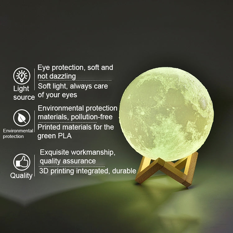 15cm Touch Control 3D Print Moon Lamp, USB Charging White + Yellow Light Color Changing LED Energy-saving Night Light with Wooden Holder Base