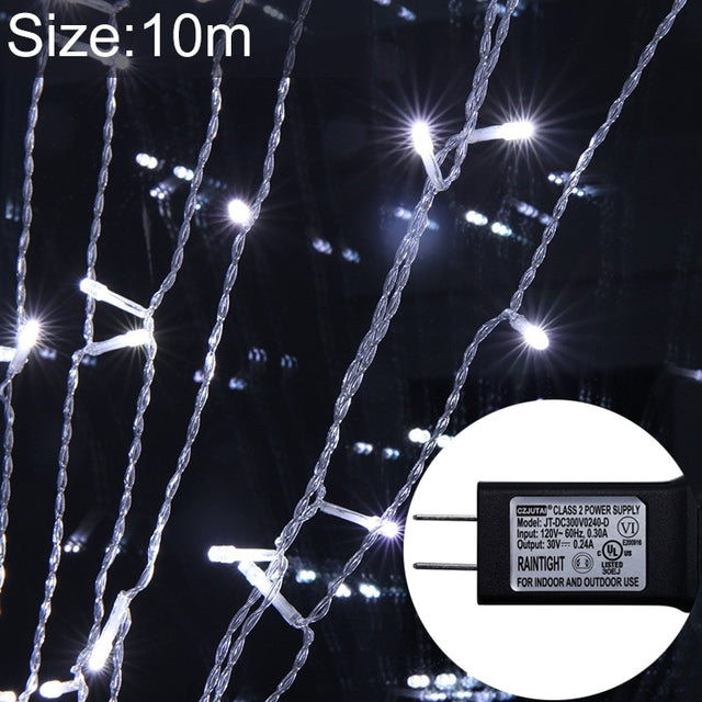 UL588 10m IP43 Water-resistant LED Curtain Light, 100 LEDs Fairy String Decorative Light with End Joint & 8 Model Functions, US Plug (White Light)