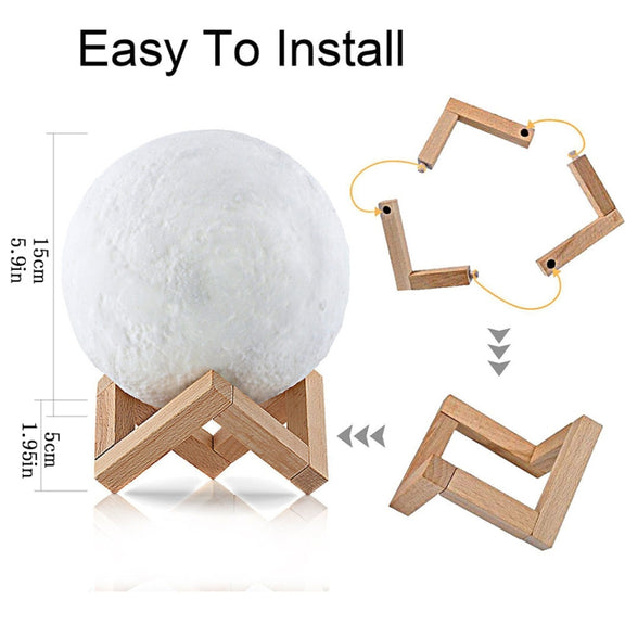 YouOKLight YK2302 15cm Touch Control 3D Print Moon Lamp, USB Charging 16-Color Dimming LED Night Light with Remote Control & Wooden Holder