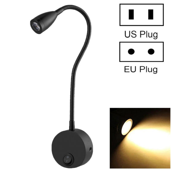 3W Flexible Goose Neck Warm White LED Reading Lamp Light , 160 LM 3000-3200K Wall Mount Light Wall Sconce Lamp, Got the CE / FCC Certification, Goose Neck Length: 30cm, US/EU Plug, Default Delivery US Plug