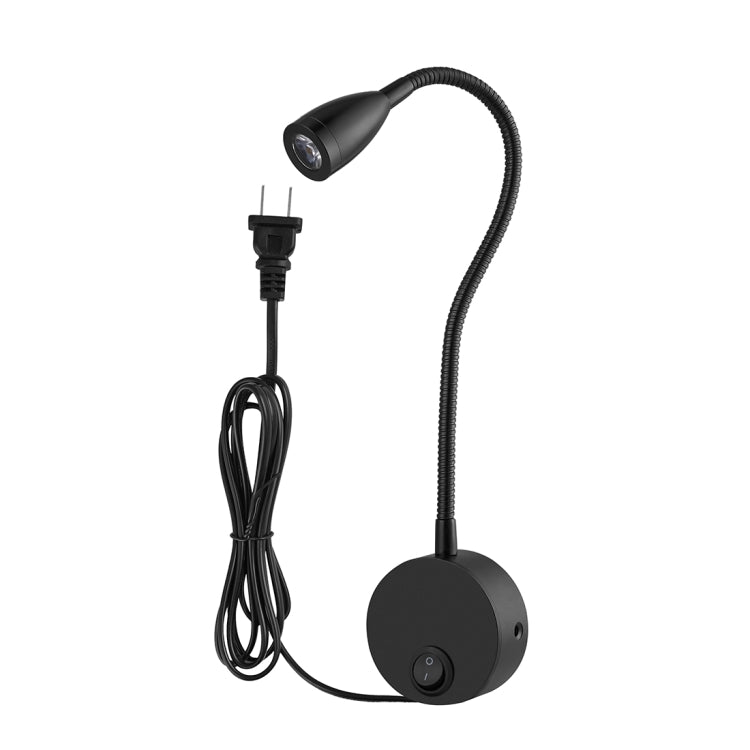 3W Black Shell Flexible Goose Neck White Light LED Reading Lamp Light , 160 LM 3000-3200K Wall Mount Light Wall Sconce Lamp, Got the CE / FCC Certification, Goose Neck Length: 30cm, US/EU Plug, Default Delivery US Plug