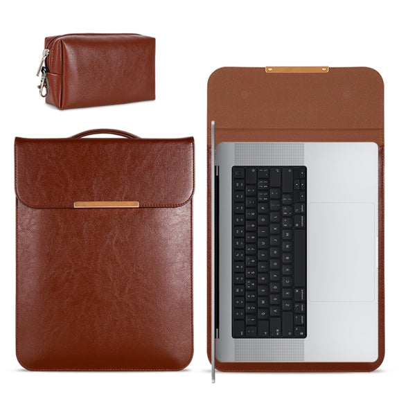 13.3 inch Laptop 2 in 1 PU Leather Sleeve Liner Bag with Mouse Storage Bag(Brown)