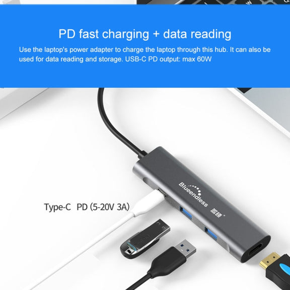 Blueendless 4 In 1 Multi-function Type-C / USB-C to HDMI + PD + Dual USB 3.0 HUB Expansion Dock