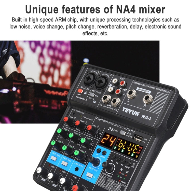 TEYUN NA4 4-channel Small Mixing Console Mobile Phone Sound Card Live Broadcast Computer Recording Console Processor, US Plug(Black)