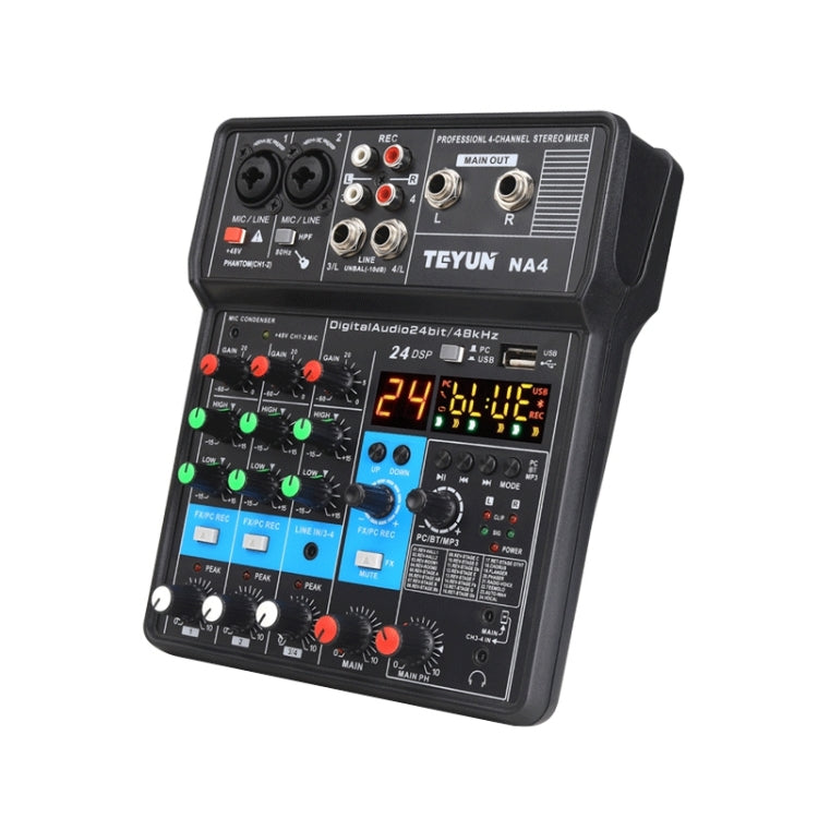 TEYUN NA4 4-channel Small Mixing Console Mobile Phone Sound Card Live Broadcast Computer Recording Console Processor, EU Plug(Black)