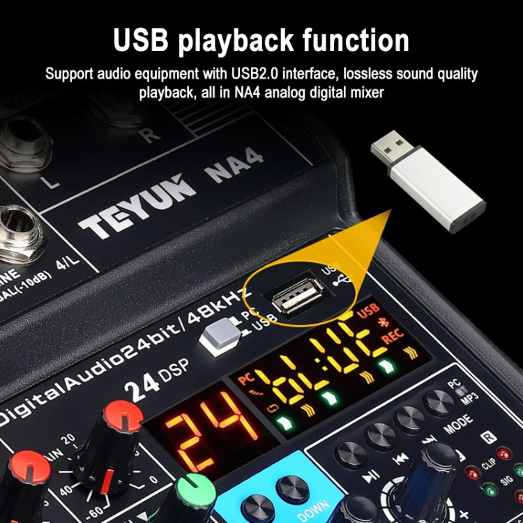 TEYUN NA4 4-channel Small Mixing Console Mobile Phone Sound Card Live Broadcast Computer Recording Console Processor, EU Plug(Black)