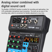 TEYUN NA4 4-channel Small Mixing Console Mobile Phone Sound Card Live Broadcast Computer Recording Console Processor, EU Plug(Black)