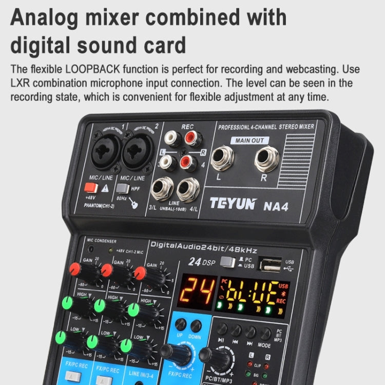 TEYUN NA4 4-channel Small Mixing Console Mobile Phone Sound Card Live Broadcast Computer Recording Console Processor, EU Plug(Black)