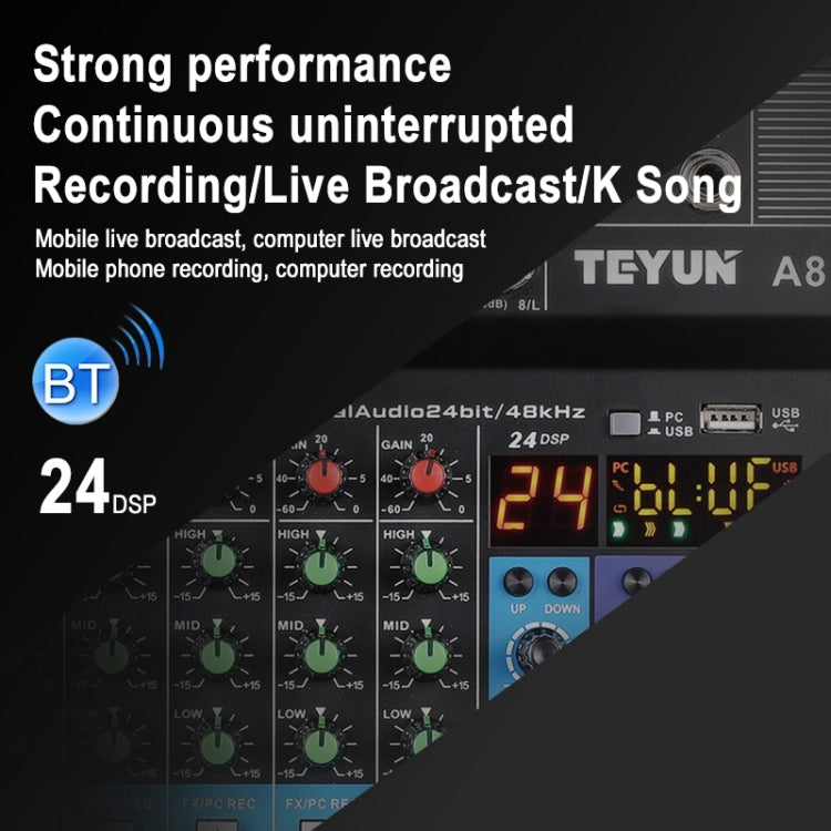 TEYUN NA8 8-channel Small Mixing Console Mobile Phone Sound Card Live Broadcast Computer Recording Console Processor, US Plug(Black)