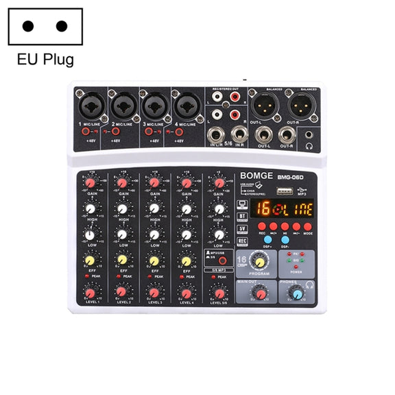 BMG-06D 6-channel Live Mixer Mobile Phone Bluetooth Sound Card Digital 16DSP Reverb Effect, EU Plug(White)