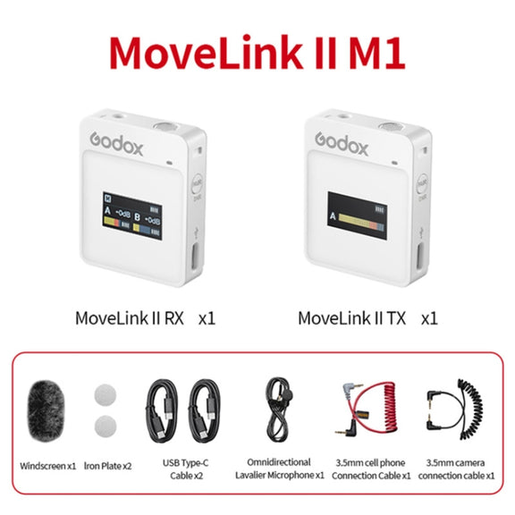 Godox MoveLink II M1 Wireless Lavalier Microphone System with Transmitters and Receiver for DSLR Cameras and Camcorders (White)