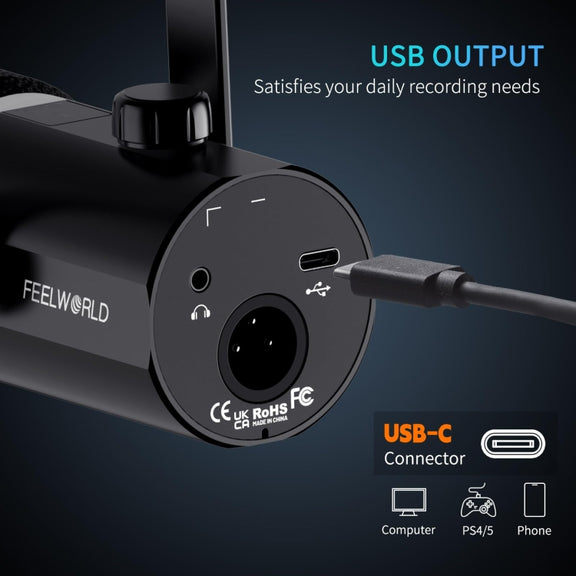 FEELWORLD PM1-AS XLR/USB Dynamic Microphone for Podcasting Recording Gaming Live Streaming with Boom Arm (Black)