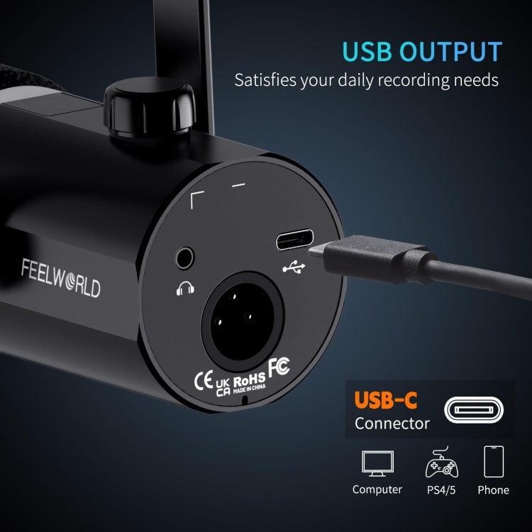 FEELWORLD PM1-AS XLR/USB Dynamic Microphone for Podcasting Recording Gaming Live Streaming with Boom Arm (Black)