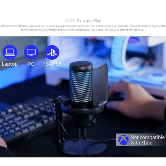 FEELWORLD VM1 USB Condenser Gaming Microphone for Streaming Noise Cancellation Mute RGB Light Desktop Stand (Black)