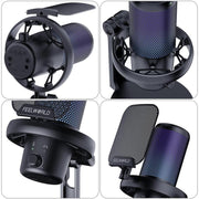 FEELWORLD VM1 USB Condenser Gaming Microphone for Streaming Noise Cancellation Mute RGB Light Desktop Stand (Black)