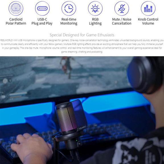 FEELWORLD VM1 USB Condenser Gaming Microphone for Streaming Noise Cancellation Mute RGB Light Desktop Stand (Black)