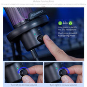 FEELWORLD VM1 USB Condenser Gaming Microphone for Streaming Noise Cancellation Mute RGB Light Desktop Stand (Black)