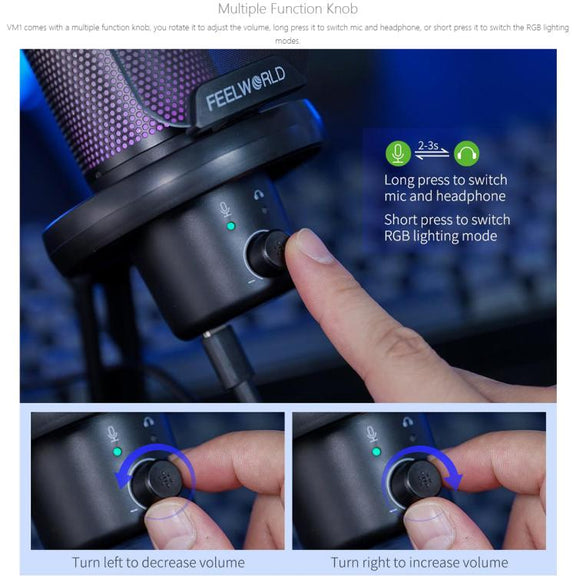 FEELWORLD VM1 USB Condenser Gaming Microphone for Streaming Noise Cancellation Mute RGB Light Desktop Stand (Black)