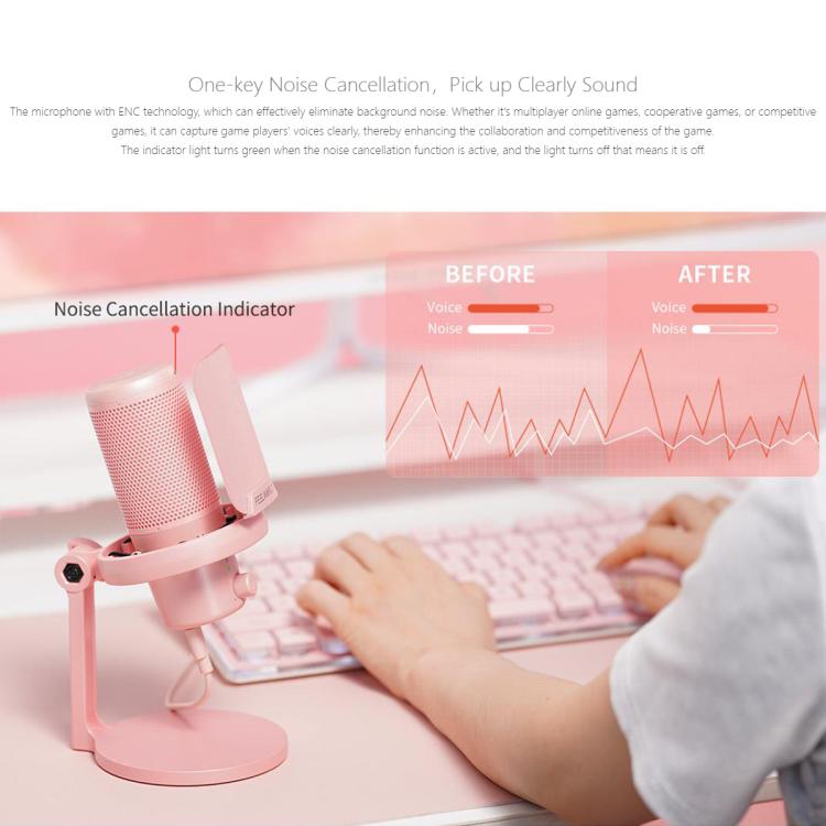 FEELWORLD VM1 USB Condenser Gaming Microphone for Streaming Noise Cancellation Mute RGB Light Desktop Stand (Pink)