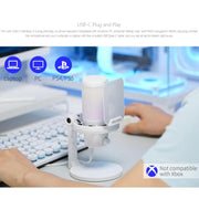 FEELWORLD VM1 USB Condenser Gaming Microphone for Streaming Noise Cancellation Mute RGB Light Desktop Stand (White)