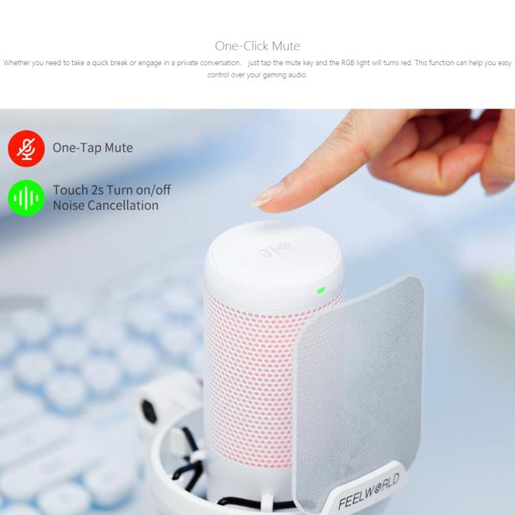 FEELWORLD VM1 USB Condenser Gaming Microphone for Streaming Noise Cancellation Mute RGB Light Desktop Stand (White)