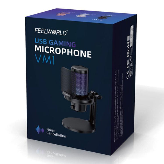FEELWORLD VM1 USB Condenser Gaming Microphone for Streaming Noise Cancellation Mute RGB Light Desktop Stand (Black)
