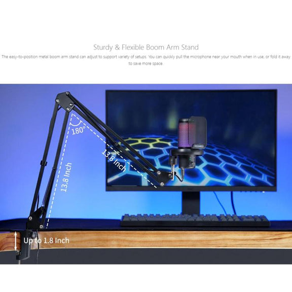 FEELWORLD VM1 USB Condenser Gaming Microphone for Streaming Noise Cancellation Mute RGB Light Boom Arm Stand (Black)