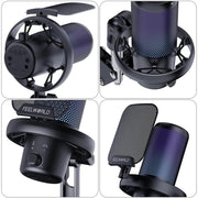 FEELWORLD VM1 USB Condenser Gaming Microphone for Streaming Noise Cancellation Mute RGB Light Boom Arm Stand (Black)