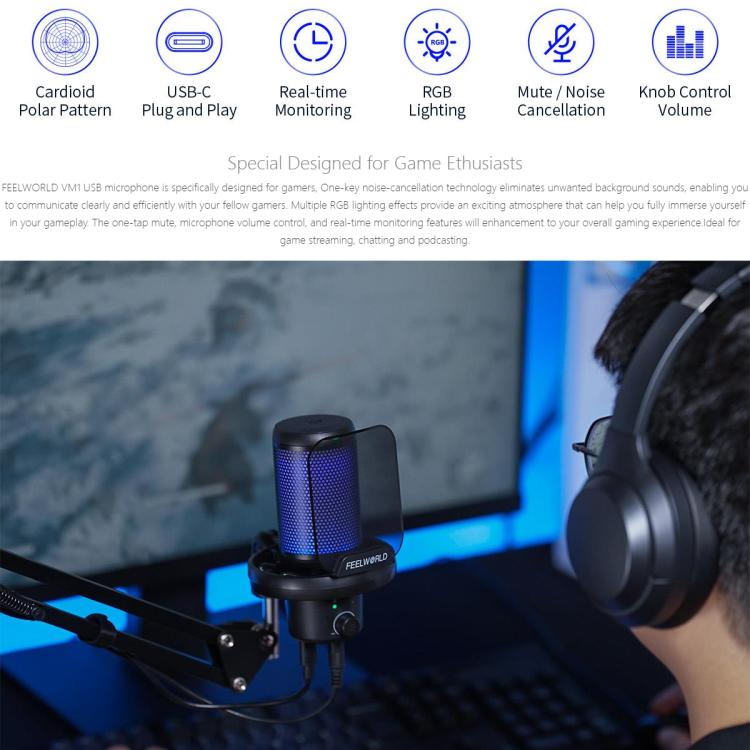 FEELWORLD VM1 USB Condenser Gaming Microphone for Streaming Noise Cancellation Mute RGB Light Boom Arm Stand (Black)