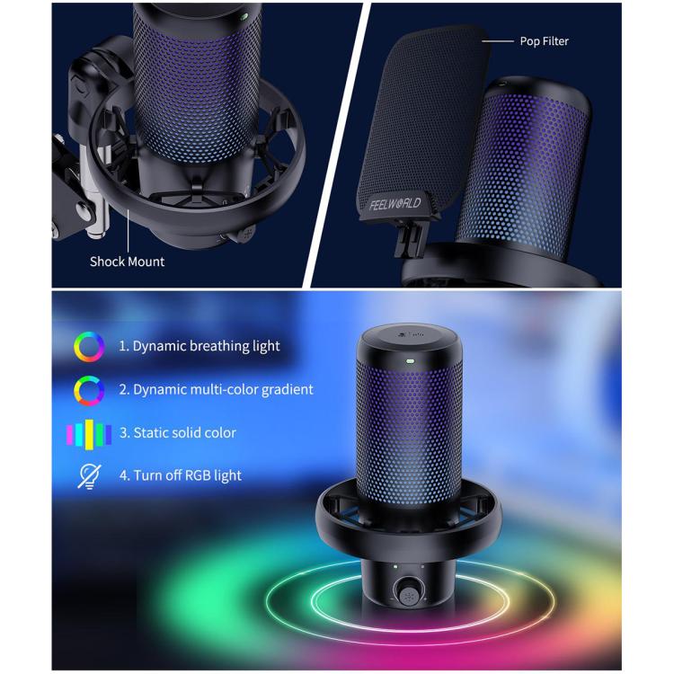 FEELWORLD VM1 USB Condenser Gaming Microphone for Streaming Noise Cancellation Mute RGB Light Boom Arm Stand (Black)