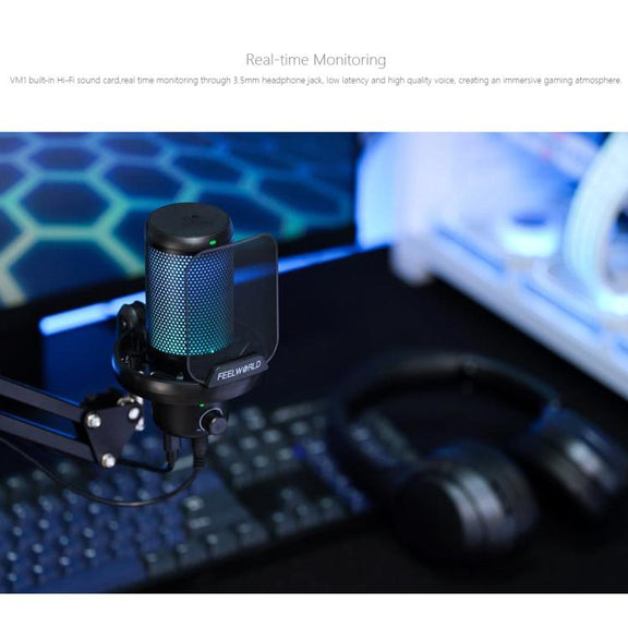FEELWORLD VM1 USB Condenser Gaming Microphone for Streaming Noise Cancellation Mute RGB Light Boom Arm Stand (Black)