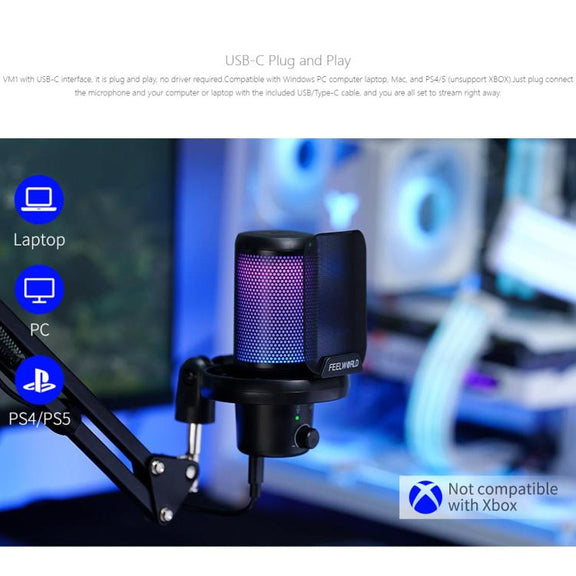 FEELWORLD VM1 USB Condenser Gaming Microphone for Streaming Noise Cancellation Mute RGB Light Boom Arm Stand (Black)